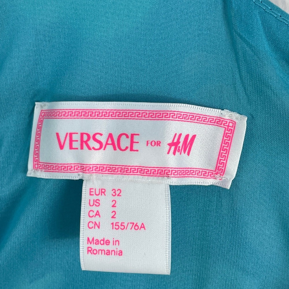 Versace H&M Womens 2 Blue Floral 100% Silk Mini Dress Pleated Gold Button - Picture 5 of 11